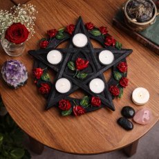 Gotický růžový svícen na čajovou svíčku- Pentagram