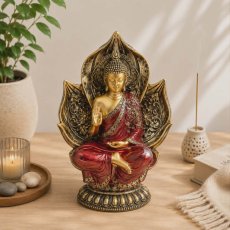 Soška Buddha červeno zlatý -Lotos