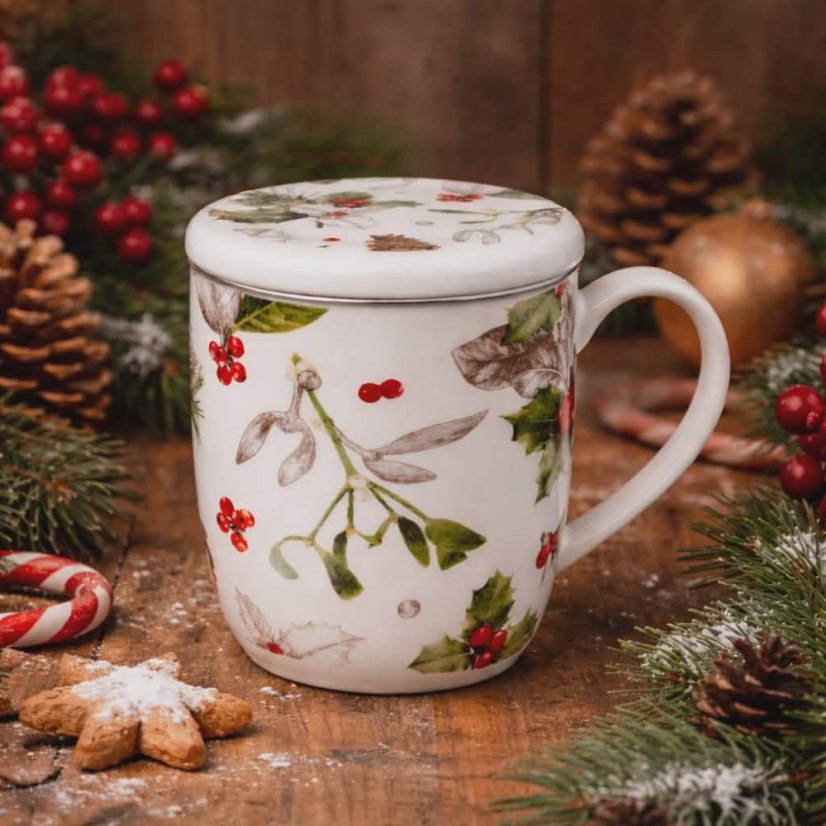 Porcelánový hrnek se sítkem - Zimní květy