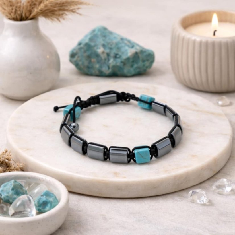 Náramek Hematit a Tyrkys -Shamballa