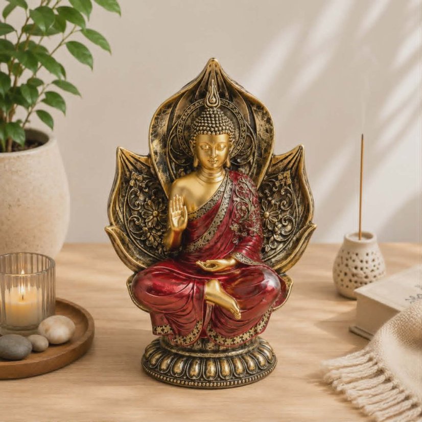 Soška Buddha červeno zlatý -Lotos
