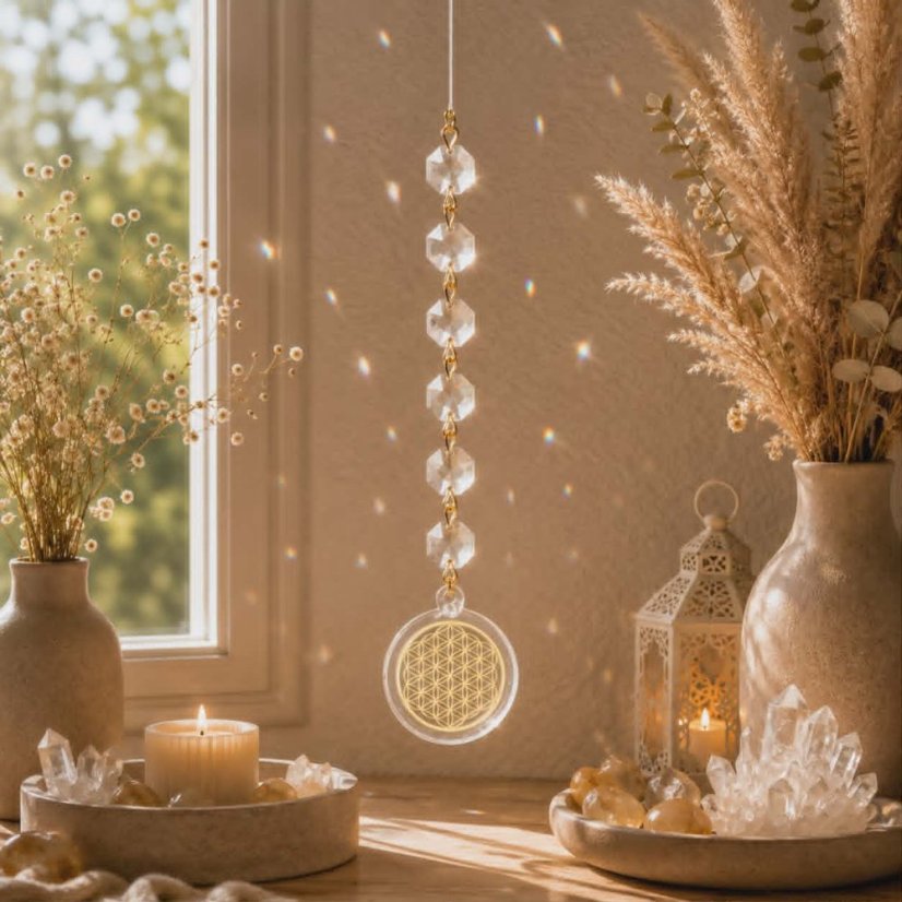 Feng Shui lapač sluneční energie s krystaly - Květ života