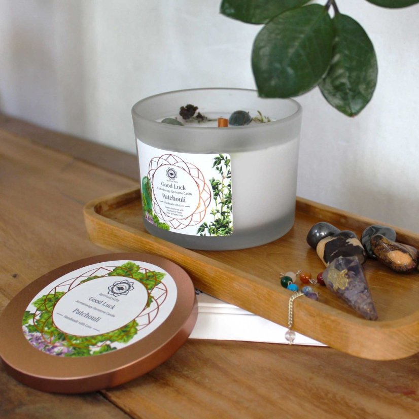 Svíčka  Patchouli a Zelený Aventurín - Štěstí
