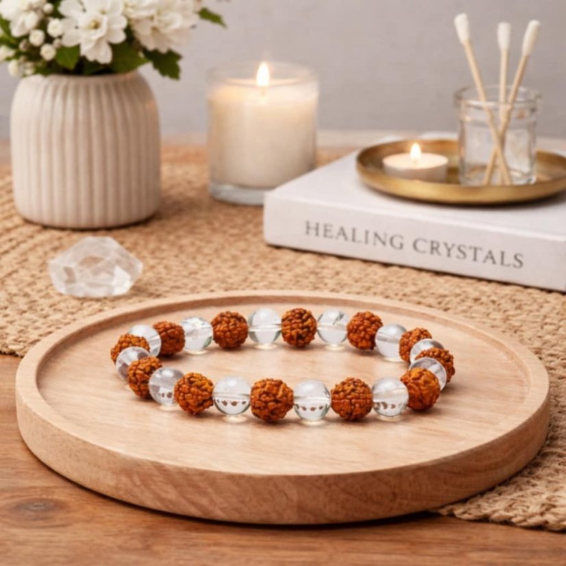 Náramek - Rudraksha a Horský křišťál