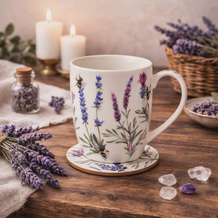 Porcelánový hrnek s podtáckem - Rozkvetlá louka