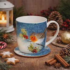 Porcelánový hrnek s podtáckem -Vánoční ptáček